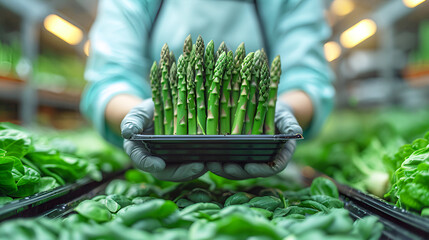 Focused on quality, a farmer displays a tray of asparagus amidst the vibrant greens of a greenhouse