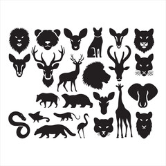 Whispers of the Wild: Animal Face Silhouette Compilation Reflecting the Serenity of Wilderness - Wildlife Silhouette - Animal Face Vector
