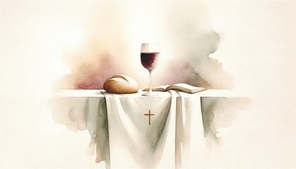 Eucharistic symbols. Lord's supper symbols: Bible, wine glass and bread on the table. Digital watercolor painting. - obrazy, fototapety, plakaty