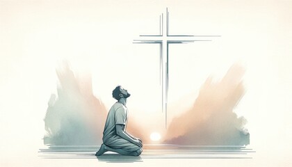 Praying man in front of the cross. Christian concept.