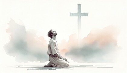 Young man kneeling and looking at the cross. Digital watercolor painting. - obrazy, fototapety, plakaty