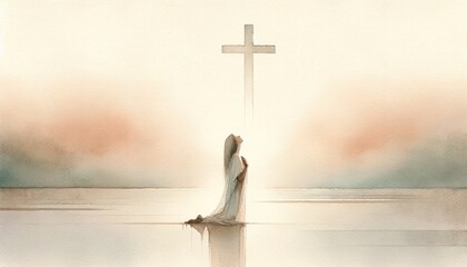 Mary kneeling and looking at the cross in the sky. Digital watercolor painting. - obrazy, fototapety, plakaty