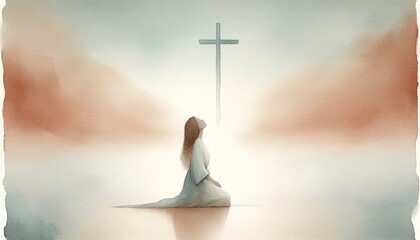 Young woman kneeling and looking at the cross. Digital watercolor painting. - obrazy, fototapety, plakaty