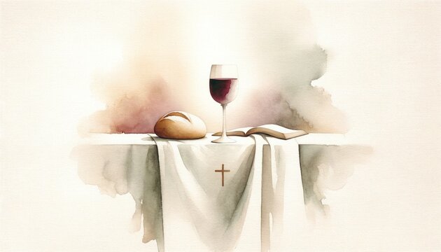 Eucharistic symbols. Lord's supper symbols: Bible, wine glass and bread on the table. Digital watercolor painting.