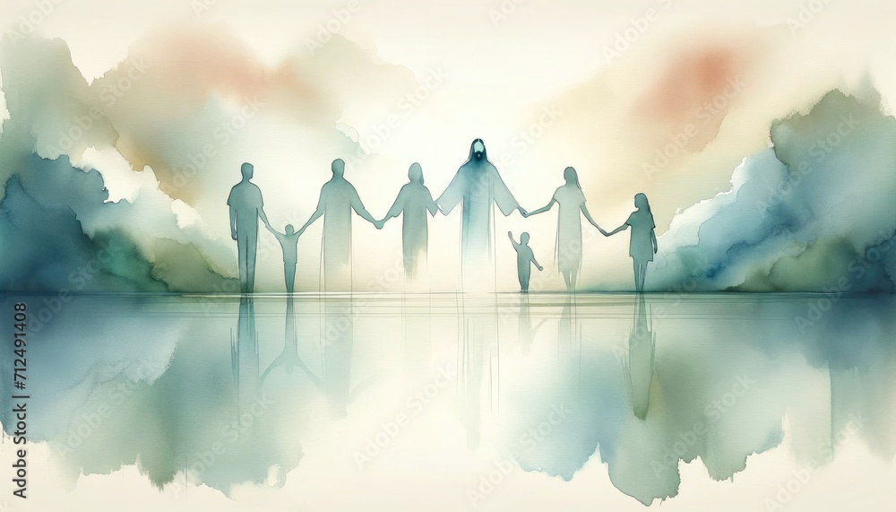 Wall mural  People holding hands with Jesus Christ. Digital watercolor painting.
