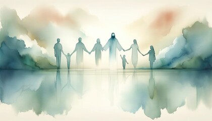  People holding hands with Jesus Christ. Digital watercolor painting.
