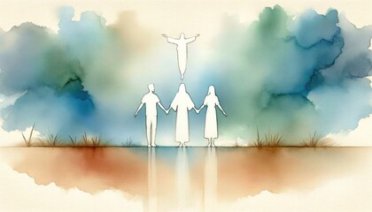  People holding hands and looking at Jesus Christ in the sky. Digital watercolor painting.
