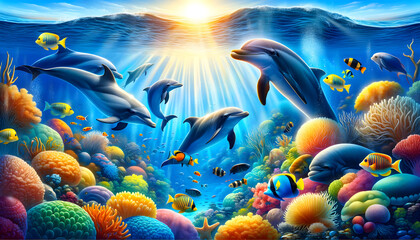 Fototapeta na wymiar Dolphin paradise: colorful underwater world with graceful dolphins
