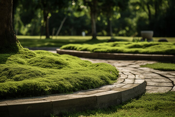 Fototapeta premium Natural Grass Turfs Rolling Over Inside Residential Backyard. Landscaping Industry Job 