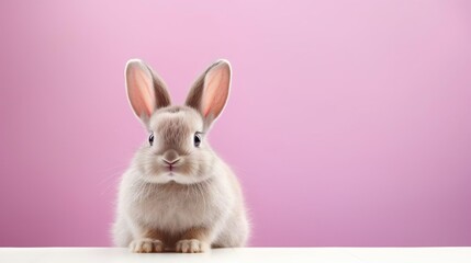 Cute Easter spring bunny rabbit on pink background. Happy Easter holiday. Copy space.