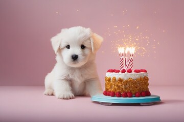 Puppy with Birthday Cake Celebrating Special Moment