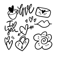 Love romantic set doodle object. Hand drawn line art style flat design.