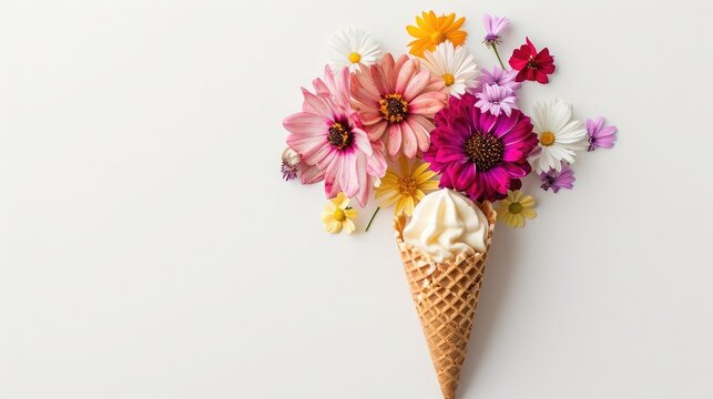 Ice cream cone with colorful flowers on white background. Flat lay. Minimal summer concept.