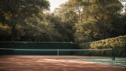 An image of a tennis court surrounded by nature with soft lighting. generative AI