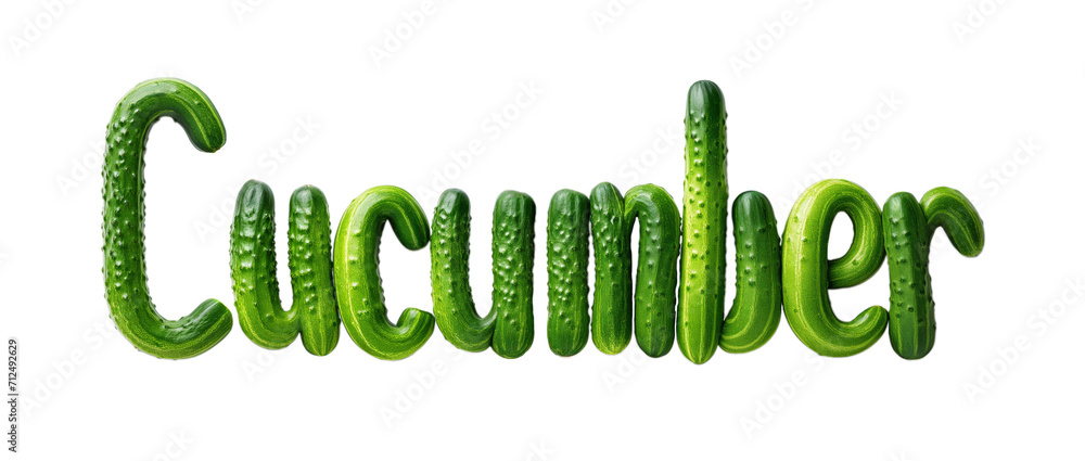 Poster the word cucumber composed of whole green cucumbers isolated on a transparent background