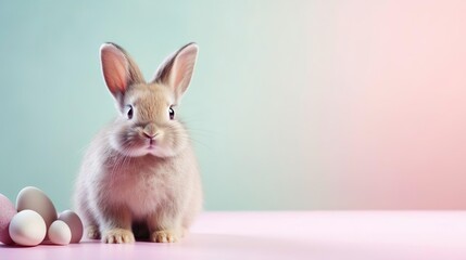 Obraz premium Cute Easter bunny rabbit with eggs on blue and pink background. Happy Easter holiday. Copy space.