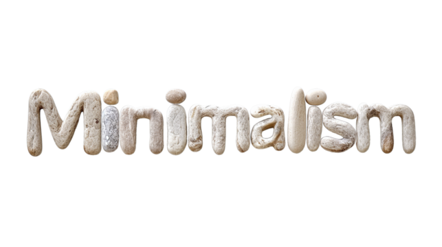 The word Minimalism made of transparent pebbles isolated on a transparent background 