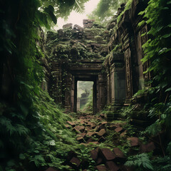 Ancient ruins overgrown with lush vegetation