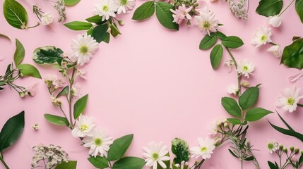 Naklejka premium Wreath made of beautiful flowers and green leaves on pale pink background, flat lay. Space for text