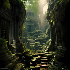 Ancient ruins overgrown with lush vegetation.