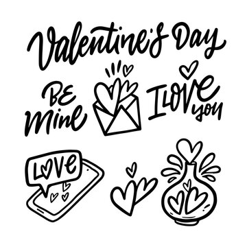 Valentine's day doodle icons set. Black color line art style vector illustration.
