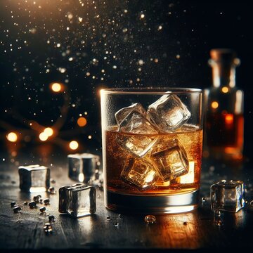 Glass of whiskey and ice cubes
