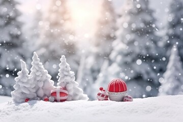 Fototapeta na wymiar Christmas balls and trees in the snow illustration.