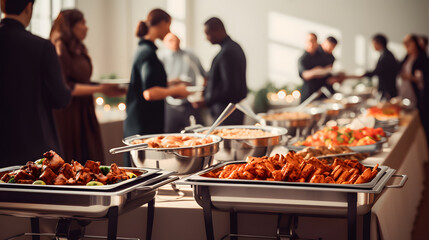 Group of people on catering buffet food indoor in restaurant with grilled meat. Buffet service for any festive event, party or wedding reception. digital ai - obrazy, fototapety, plakaty