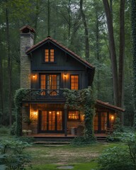Fototapeta na wymiar cabin nestled among lush greenery in a serene forest 