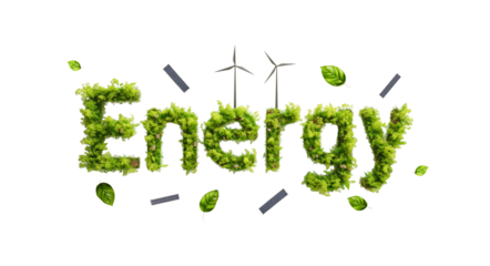 The word Energy composed of various renewable energy sources like wind turbines solar panels and green leaves isolated on a transparent background 