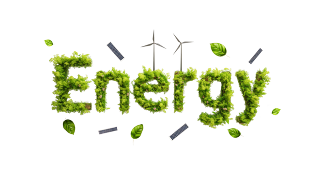 The word Energy composed of various renewable energy sources like wind turbines solar panels and green leaves isolated on a transparent background 
