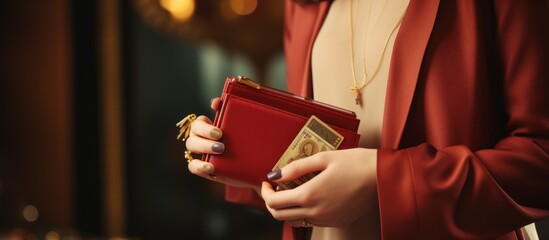 Young woman bring a wallet and money - obrazy, fototapety, plakaty