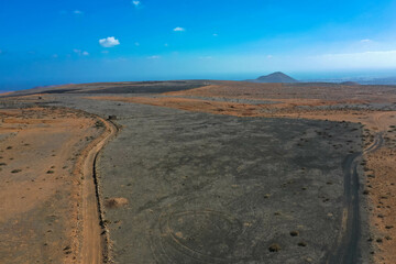 Aerial view of amazing volcanic landscape of Timanfaya National Park. Lanzarote, Canary Islands, Spain.