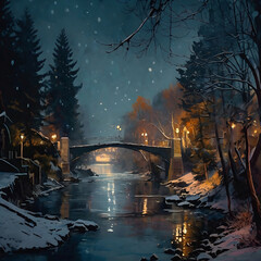 A Painting Of A River With A Bridge And Trees in a snowy night in Saint Petersburg at night. White nights in Russia