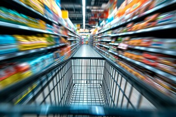 Consumer scene Blurred shopping cart in a busy supermarket department - obrazy, fototapety, plakaty