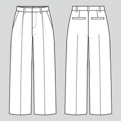 Wide leg trousers. Women's tailored wear. Vector technical sketch. Mockup template.