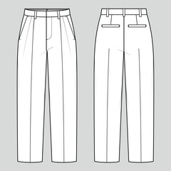 Straight leg trousers. Women's tailored wear. Vector technical sketch. Mockup template.