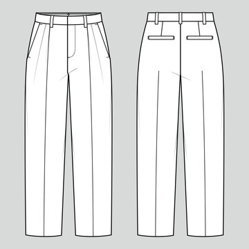 Straight leg trousers. Women's tailored wear. Vector technical sketch. Mockup template.
