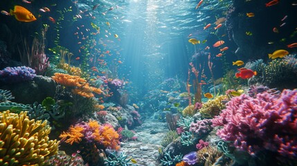 Fototapeta na wymiar Hyper-realistic coral reef teeming with vibrant marine life, offering a glimpse into the underwater wonders of the world.