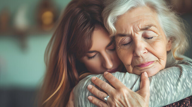 close-up adult daughter embracing elderly mother at home, love care unconditional love concept