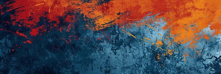 Dynamic grunge texture artwork in shades of orange, red, and blue, purposefully created for impactful poster and web banner applications, fitting seamlessly into the worlds of extreme sportswear, - obrazy, fototapety, plakaty