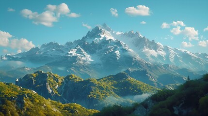 A mesmerizing mountain vista with snow-capped peaks, the background softly blurred, creating a sublime and majestic atmosphere for enhancing visual content