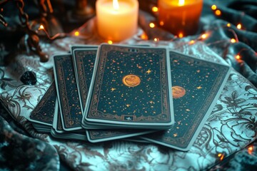 Mystic divination Tarot reading setup with cards and candlelight ambiance - obrazy, fototapety, plakaty