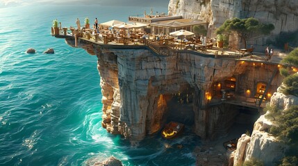 A coastal cafe perched on a rocky cliff, where patrons sip iced drinks on sunlit terraces, enjoying panoramic views of a turquoise sea on a lazy summer afternoon