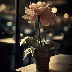 A plastic flower in a flower pot in dim light on a coffee shop table. A vintage flower in a pot in dusty pink pastel tones on table