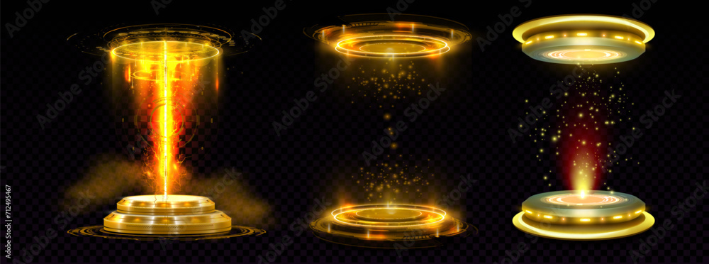 Poster Yellow neon game portal with lightning and glow effect, circular magic light effect glowing, sparkling in darkness. Stage for showcase. Vector illustration