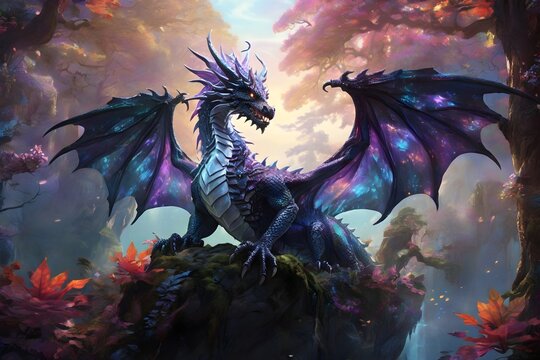 A wing spread  dragon in fantasy landscape