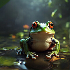 A frog sits on a leaf in water