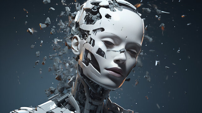 A close-up of robotic girl's face with her head falling apart, the futuristic image of robots in AI , 3D rendering of the head of a female robot. The head is breaking apart, AI-generated
