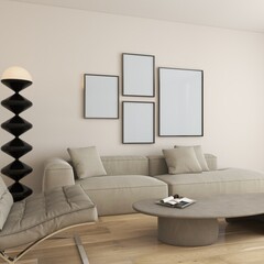 Mockup de quatre cadres dans un salon minimaliste neutre et moderne. 4 posters vides, mur de cadres. Illustration 3D